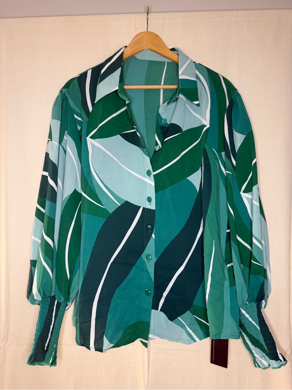 Green Abstract Leaf Print Button-Up Blouse Smocked Cuffs